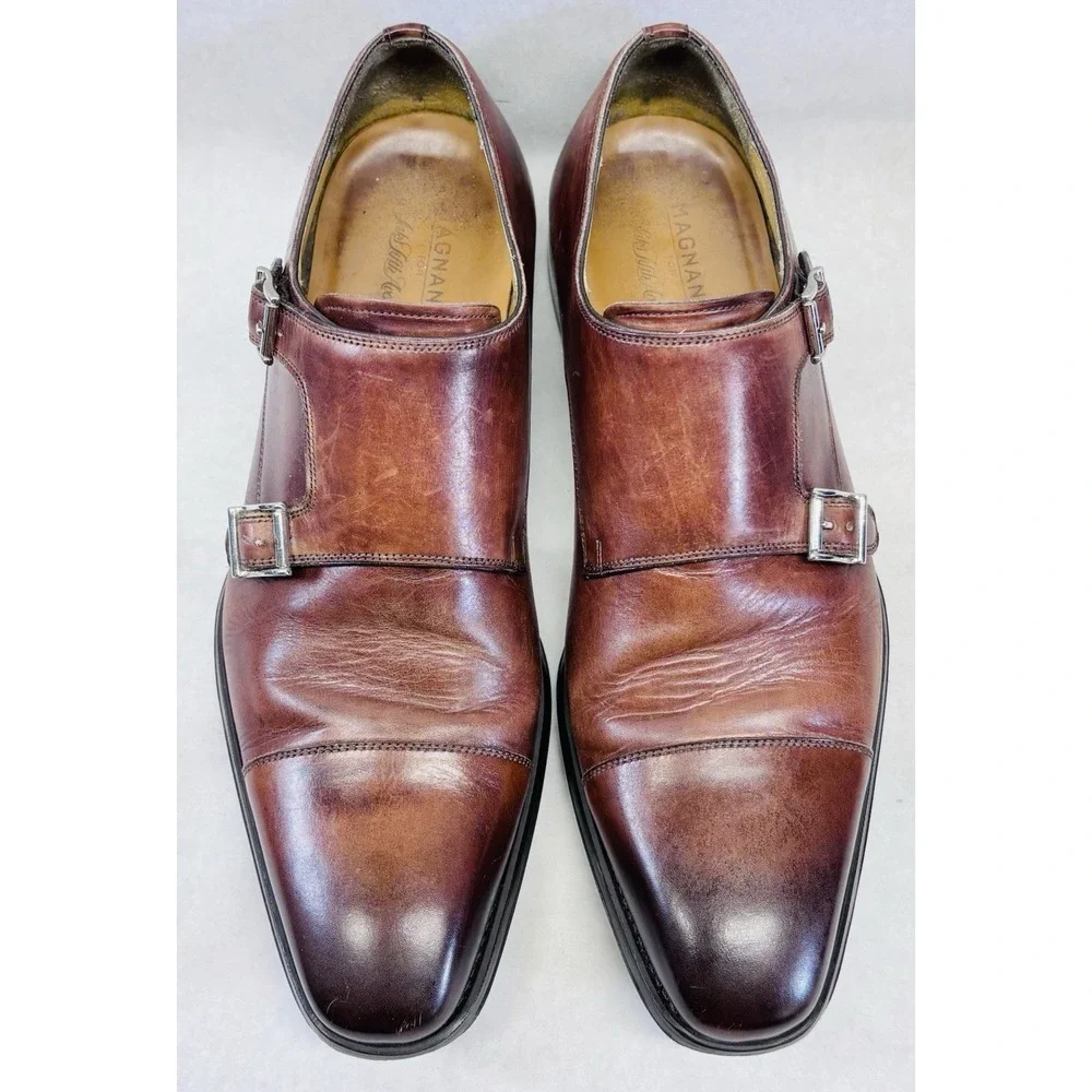 Magnanni Cognac Double Monk‎ Strap Size 8.5M Cap Toe Dress Shoes w Bags